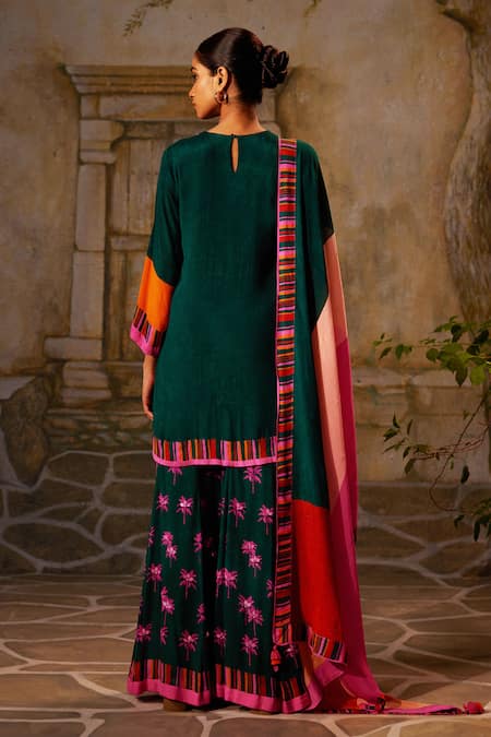 Shop_Basil Leaf_Green Chiffon Tassels, Lace, Sequins Tropical Print Straight Kurta And Sharara Set _at_Aza_Fashions