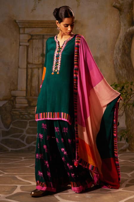 Basil Leaf_Green Chiffon Tassels, Lace, Sequins Tropical Print Straight Kurta And Sharara Set _Online_at_Aza_Fashions
