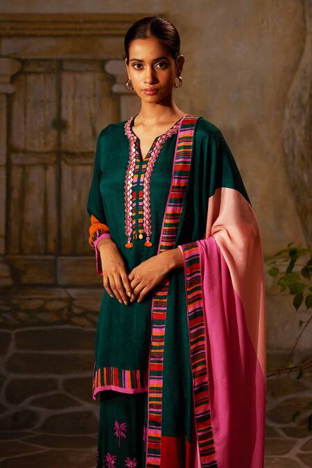 Buy_Basil Leaf_Green Chiffon Tassels, Lace, Sequins Tropical Print Straight Kurta And Sharara Set _Online_at_Aza_Fashions