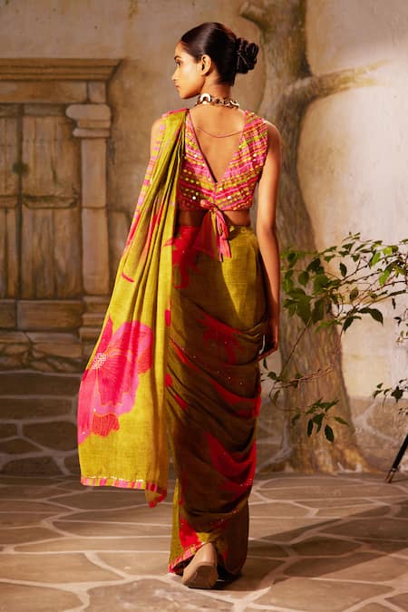 Shop Basil Leaf Green Chiffon Sequins, Mirrors, Embroidery Floral Pre-draped Saree With Blouse at Aza Fashions Shop_Basil Leaf_Green Chiffon Sequins, Mirrors, Embroidery Floral Pre-draped Saree With Blouse_at_Aza_Fashions