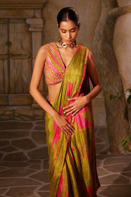 Basil Leaf Green Chiffon Sequins, Mirrors, Embroidery Floral Pre-draped Saree With Blouse Online at Aza Fashions Basil Leaf_Green Chiffon Sequins, Mirrors, Embroidery Floral Pre-draped Saree With Blouse_Online_at_Aza_Fashions