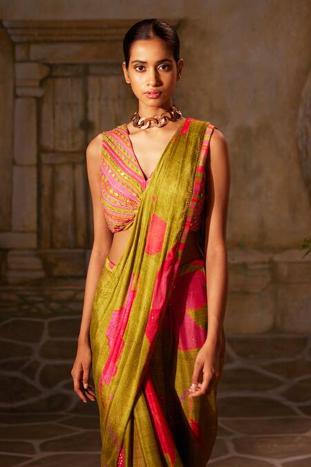 Buy Basil Leaf Green Chiffon Sequins, Mirrors, Embroidery Floral Pre-draped Saree With Blouse Online at Aza Fashions Buy_Basil Leaf_Green Chiffon Sequins, Mirrors, Embroidery Floral Pre-draped Saree With Blouse_Online_at_Aza_Fashions