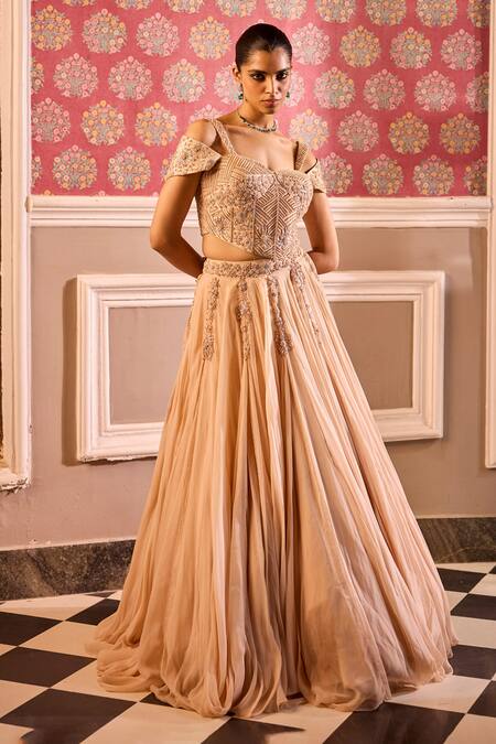 Label Rsd_Beige Silk, Organza Beads, Embroidery Sweetheart Floral Hand Corset Lehenga_Online_at_Aza_Fashions