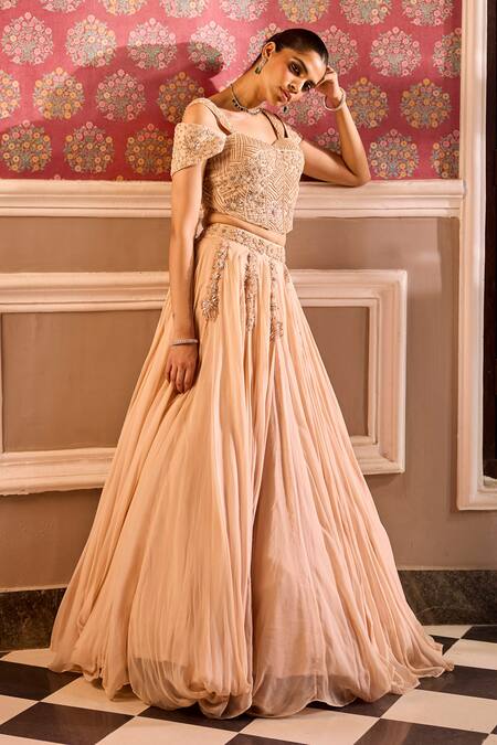 Buy_Label Rsd_Beige Silk, Organza Beads, Embroidery Sweetheart Floral Hand Corset Lehenga_Online_at_Aza_Fashions