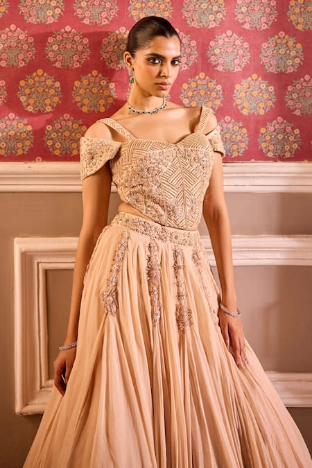 Shop_Label Rsd_Beige Silk, Organza Beads, Embroidery Sweetheart Floral Hand Corset Lehenga_Online_at_Aza_Fashions