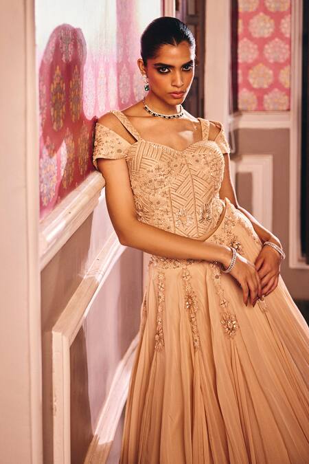Label Rsd_Beige Silk, Organza Beads, Embroidery Sweetheart Floral Hand Corset Lehenga_at_Aza_Fashions