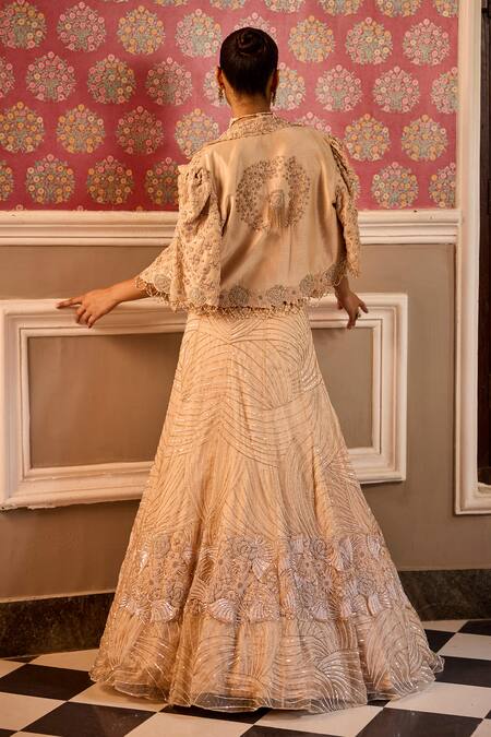 Shop_Label Rsd_Beige Organza, Silk, Satin Sequins, Beads Glass Hand Embroidered Lehenga Set_at_Aza_Fashions