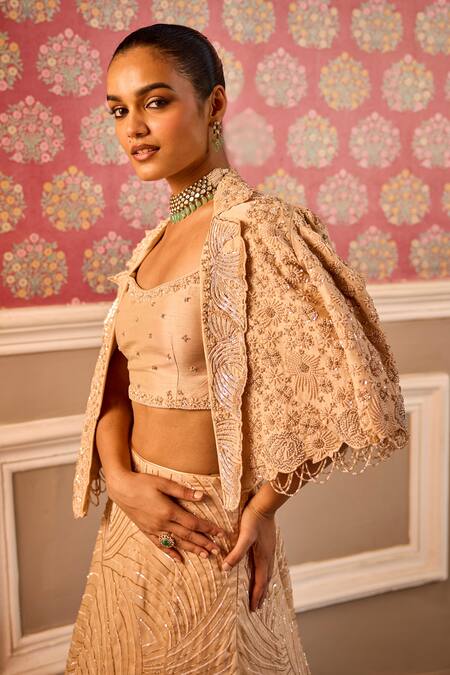 Buy_Label Rsd_Beige Organza, Silk, Satin Sequins, Beads Glass Hand Embroidered Lehenga Set_Online_at_Aza_Fashions