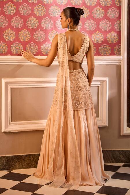 Shop Label Rsd Beige Organza, Silk, Satin Embroidery, Sequins, Hand Lehenga Saree With Blouse at Aza Fashions Shop_Label Rsd_Beige Organza, Silk, Satin Embroidery, Sequins, Hand Lehenga Saree With Blouse_at_Aza_Fashions