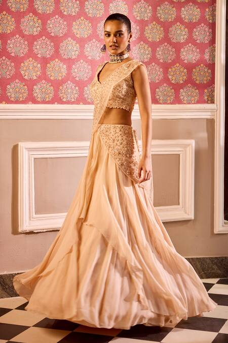 Label Rsd Beige Organza, Silk, Satin Embroidery, Sequins, Hand Lehenga Saree With Blouse Online at Aza Fashions Label Rsd_Beige Organza, Silk, Satin Embroidery, Sequins, Hand Lehenga Saree With Blouse_Online_at_Aza_Fashions