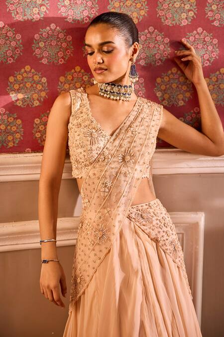 Buy Label Rsd Beige Organza, Silk, Satin Embroidery, Sequins, Hand Lehenga Saree With Blouse Online at Aza Fashions Buy_Label Rsd_Beige Organza, Silk, Satin Embroidery, Sequins, Hand Lehenga Saree With Blouse_Online_at_Aza_Fashions