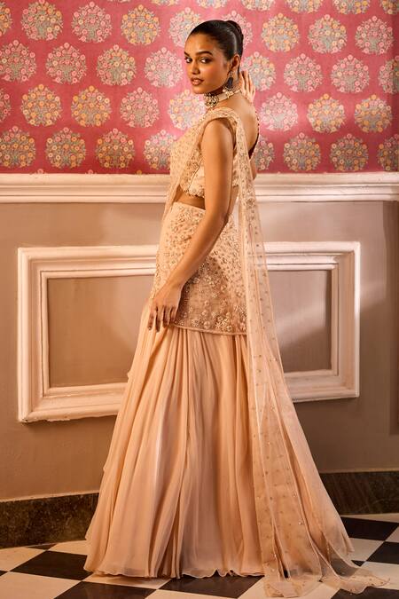 Label Rsd Beige Organza, Silk, Satin Embroidery, Sequins, Hand Lehenga Saree With Blouse at Aza Fashions Label Rsd_Beige Organza, Silk, Satin Embroidery, Sequins, Hand Lehenga Saree With Blouse_at_Aza_Fashions