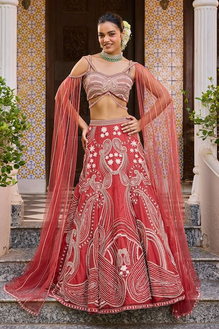 Label RSD Red Blouse Satin Georgette Hand Embroidered Sequin Paisley Lehenga With 