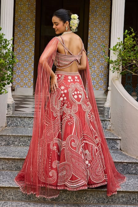 Shop Label Rsd Red Organza, Satin, Georgette Paisley Hand Embroidered Lehenga With Blouse at Aza Fashions Shop_Label Rsd_Red Organza, Satin, Georgette Paisley Hand Embroidered Lehenga With Blouse_at_Aza_Fashions