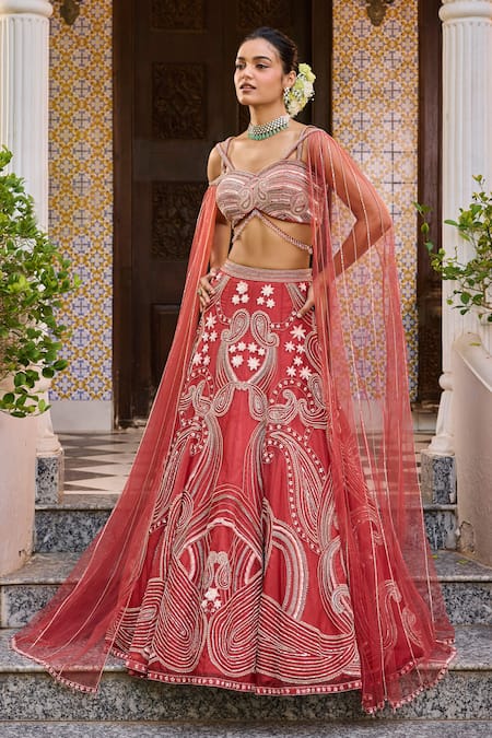 Label Rsd Red Organza, Satin, Georgette Paisley Hand Embroidered Lehenga With Blouse Online at Aza Fashions Label Rsd_Red Organza, Satin, Georgette Paisley Hand Embroidered Lehenga With Blouse_Online_at_Aza_Fashions