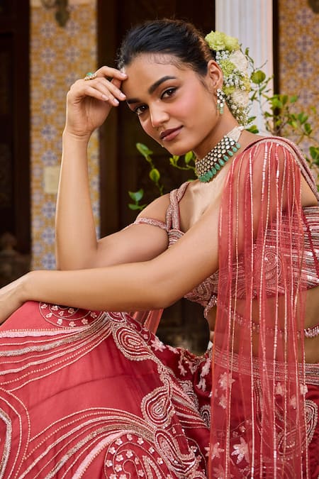 Shop Label Rsd Red Organza, Satin, Georgette Paisley Hand Embroidered Lehenga With Blouse Online at Aza Fashions Shop_Label Rsd_Red Organza, Satin, Georgette Paisley Hand Embroidered Lehenga With Blouse_Online_at_Aza_Fashions