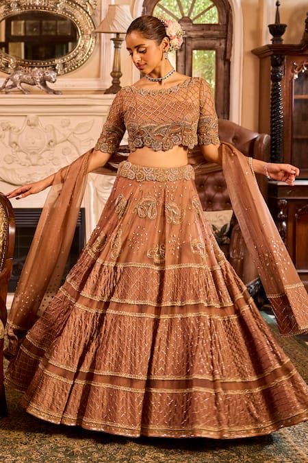 Label RSD Brown Blouse Mesh Hand Embroidered Sequin Round Paisley Lehenga Set 