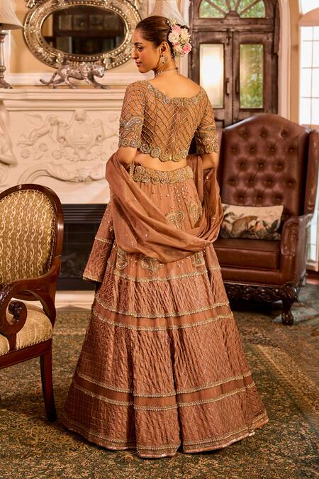 Shop Label Rsd Brown Maheshwari, Organza, Satin Sequins, Paisley Hand Embroidered Lehenga Set at Aza Fashions Shop_Label Rsd_Brown Maheshwari, Organza, Satin Sequins, Paisley Hand Embroidered Lehenga Set_at_Aza_Fashions