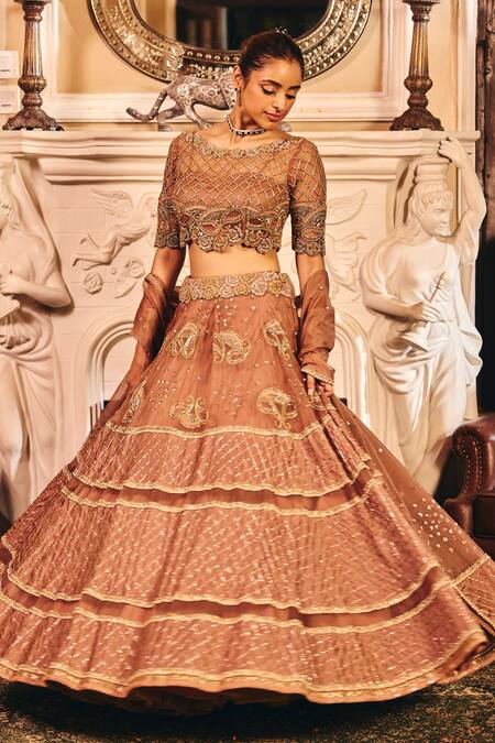 Buy Label Rsd Brown Maheshwari, Organza, Satin Sequins, Paisley Hand Embroidered Lehenga Set Online at Aza Fashions Buy_Label Rsd_Brown Maheshwari, Organza, Satin Sequins, Paisley Hand Embroidered Lehenga Set_Online_at_Aza_Fashions