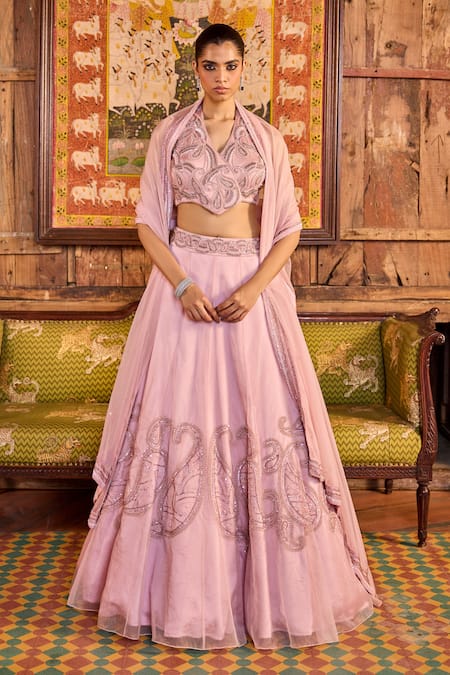 Buy_Label Rsd_Pink Organza, Satin, Georgette Paisley Hand Lehenga Waistcoat Blouse Set_Online_at_Aza_Fashions