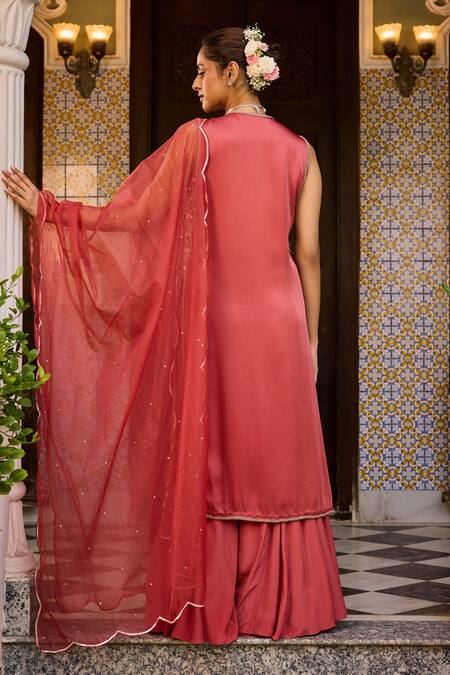 Shop Label Rsd Red Satin, Organza, Cotton, Crepe Paisley Hand Embroidered Kurta Sharara Set at Aza Fashions Shop_Label Rsd_Red Satin, Organza, Cotton, Crepe Paisley Hand Embroidered Kurta Sharara Set_at_Aza_Fashions