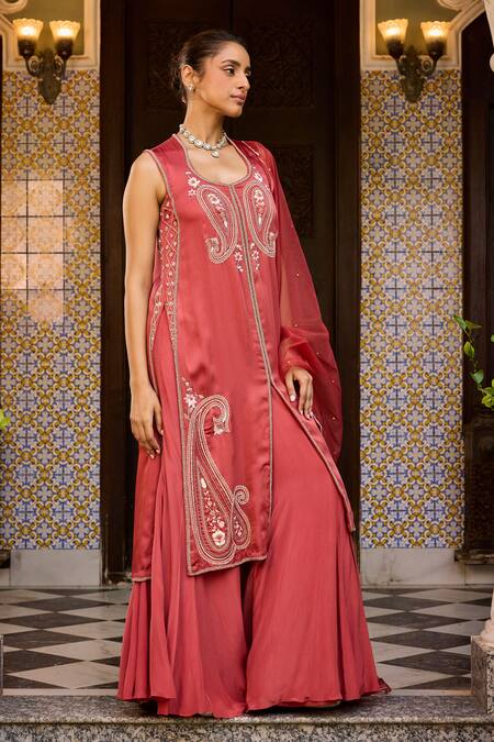Label Rsd Red Satin, Organza, Cotton, Crepe Paisley Hand Embroidered Kurta Sharara Set Online at Aza Fashions Label Rsd_Red Satin, Organza, Cotton, Crepe Paisley Hand Embroidered Kurta Sharara Set_Online_at_Aza_Fashions