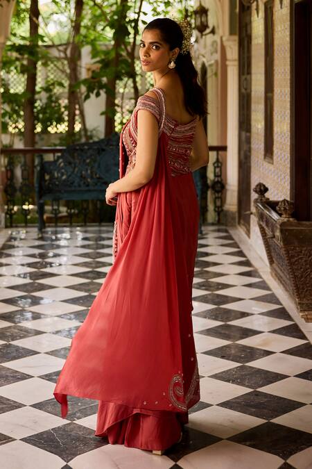 Label Rsd Red Lycra, Crepe Sequins, Cut Work Paisley Hand Embroidered Saree Gown at Aza Fashions Label Rsd_Red Lycra, Crepe Sequins, Cut Work Paisley Hand Embroidered Saree Gown_at_Aza_Fashions