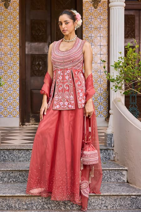 Label RSD Red Kurta Satin Georgette Hand Embroidered Sequin Round Peplum Sharara Set 