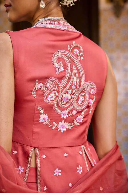 Label Rsd Red Satin, Georgette, Organza Sequins, Hand Embroidered Peplum Kurta Sharara Set Online at Aza Fashions Label Rsd_Red Satin, Georgette, Organza Sequins, Hand Embroidered Peplum Kurta Sharara Set_Online_at_Aza_Fashions