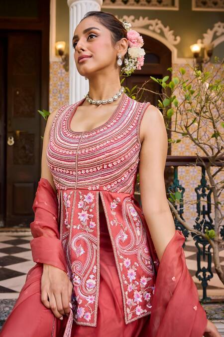 Buy Label Rsd Red Satin, Georgette, Organza Sequins, Hand Embroidered Peplum Kurta Sharara Set Online at Aza Fashions Buy_Label Rsd_Red Satin, Georgette, Organza Sequins, Hand Embroidered Peplum Kurta Sharara Set_Online_at_Aza_Fashions