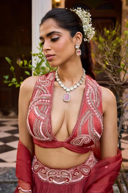 Label Rsd Red Satin, Georgette, Organza Sequins, Paisley Embroidered Waist Lehenga Set Online at Aza Fashions Label Rsd_Red Satin, Georgette, Organza Sequins, Paisley Embroidered Waist Lehenga Set_Online_at_Aza_Fashions