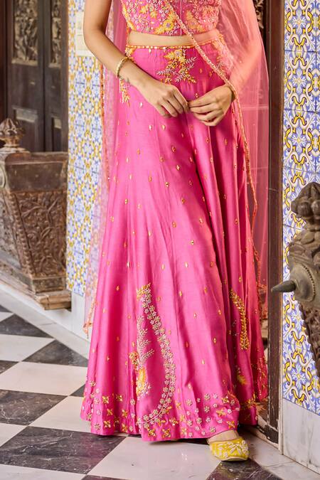 Label Rsd_Pink Silk, Net Sequins, Pearls, Mirrors, Embroidery Halter Hand Top Sharara Set_Online_at_Aza_Fashions