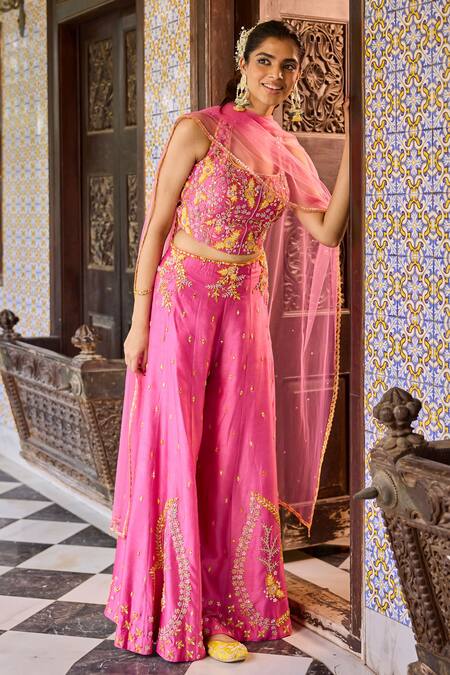 Buy_Label Rsd_Pink Silk, Net Sequins, Pearls, Mirrors, Embroidery Halter Hand Top Sharara Set_Online_at_Aza_Fashions