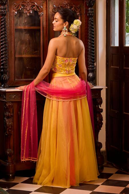 Shop Label Rsd Yellow Silk, Satin Pearls, Sequins, Mirrors Hand Embroidered Blouse Lehenga Set at Aza Fashions Shop_Label Rsd_Yellow Silk, Satin Pearls, Sequins, Mirrors Hand Embroidered Blouse Lehenga Set_at_Aza_Fashions