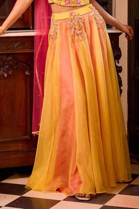 Label Rsd Yellow Silk, Satin Pearls, Sequins, Mirrors Hand Embroidered Blouse Lehenga Set Online at Aza Fashions Label Rsd_Yellow Silk, Satin Pearls, Sequins, Mirrors Hand Embroidered Blouse Lehenga Set_Online_at_Aza_Fashions