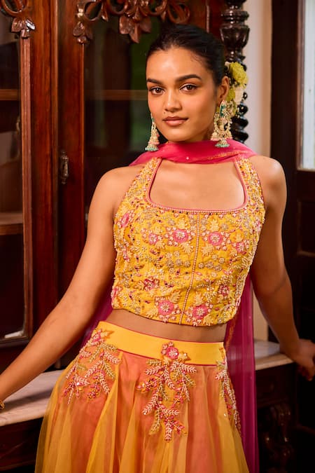Buy Label Rsd Yellow Silk, Satin Pearls, Sequins, Mirrors Hand Embroidered Blouse Lehenga Set Online at Aza Fashions Buy_Label Rsd_Yellow Silk, Satin Pearls, Sequins, Mirrors Hand Embroidered Blouse Lehenga Set_Online_at_Aza_Fashions