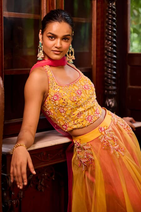 Shop Label Rsd Yellow Silk, Satin Pearls, Sequins, Mirrors Hand Embroidered Blouse Lehenga Set Online at Aza Fashions Shop_Label Rsd_Yellow Silk, Satin Pearls, Sequins, Mirrors Hand Embroidered Blouse Lehenga Set_Online_at_Aza_Fashions