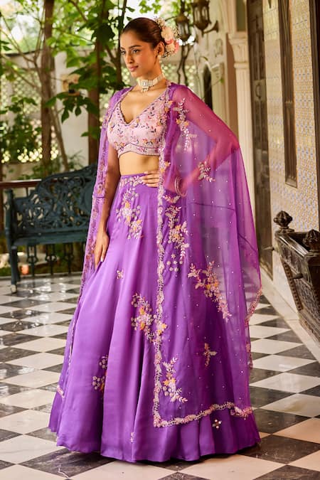 Label Rsd_Purple Satin, Organza, Cotton Pearls, Floral Hand Embroidered Blouse Lehenga Set_Online_at_Aza_Fashions
