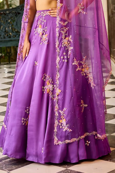Buy_Label Rsd_Purple Satin, Organza, Cotton Pearls, Floral Hand Embroidered Blouse Lehenga Set_Online_at_Aza_Fashions