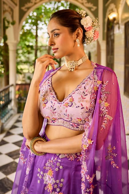 Shop_Label Rsd_Purple Satin, Organza, Cotton Pearls, Floral Hand Embroidered Blouse Lehenga Set_Online_at_Aza_Fashions