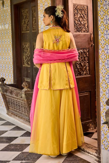 Shop_Label Rsd_Yellow Satin, Organza Sequins, Beads, Embroidery Floral Peplum Kurta Sharara Set_at_Aza_Fashions