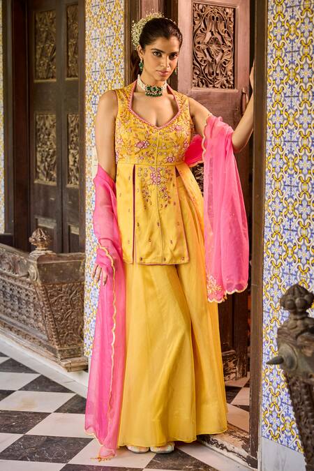 Label Rsd_Yellow Satin, Organza Sequins, Beads, Embroidery Floral Peplum Kurta Sharara Set_Online_at_Aza_Fashions