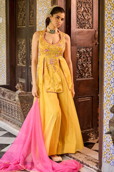 Buy_Label Rsd_Yellow Satin, Organza Sequins, Beads, Embroidery Floral Peplum Kurta Sharara Set_Online_at_Aza_Fashions