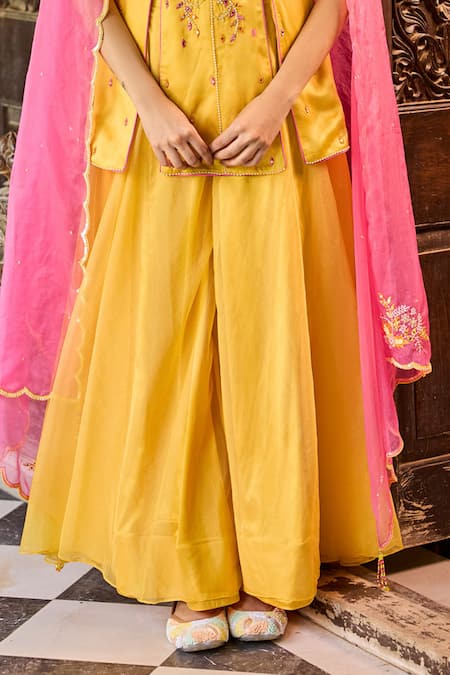Shop_Label Rsd_Yellow Satin, Organza Sequins, Beads, Embroidery Floral Peplum Kurta Sharara Set_Online_at_Aza_Fashions