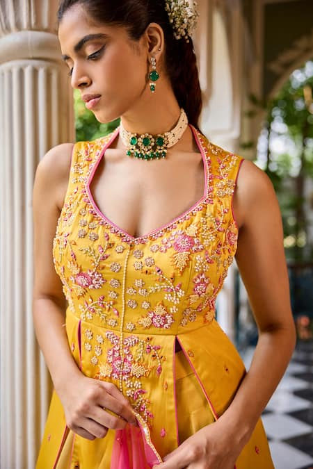 Label Rsd_Yellow Satin, Organza Sequins, Beads, Embroidery Floral Peplum Kurta Sharara Set_at_Aza_Fashions