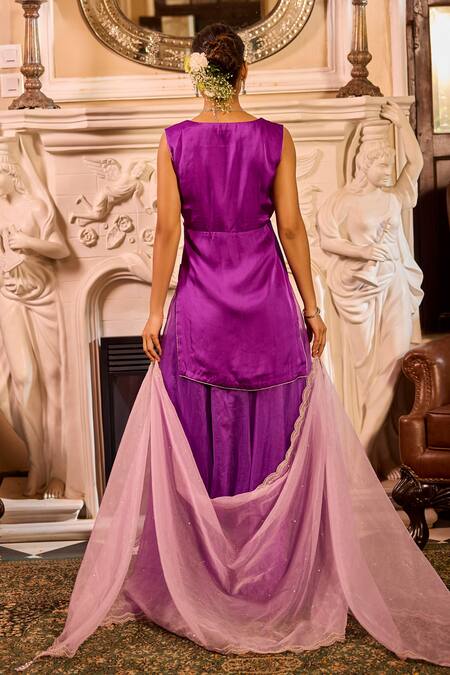 Shop Label Rsd Purple Satin, Georgette, Organza Beads, Embroidery Front Slit Kurta Sharara Set at Aza Fashions Shop_Label Rsd_Purple Satin, Georgette, Organza Beads, Embroidery Front Slit Kurta Sharara Set_at_Aza_Fashions