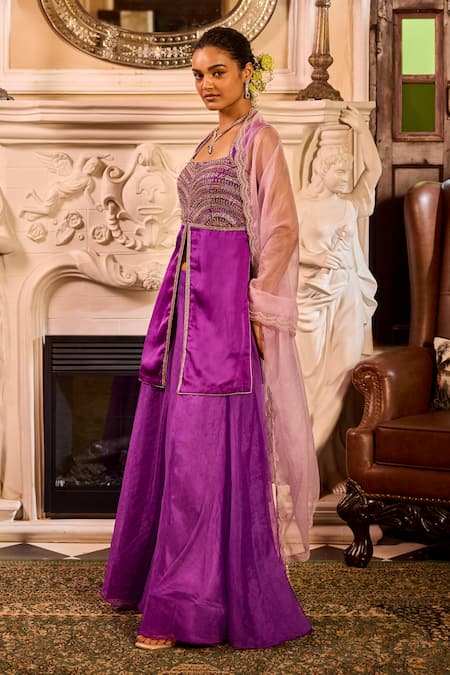 Buy Label Rsd Purple Satin, Georgette, Organza Beads, Embroidery Front Slit Kurta Sharara Set Online at Aza Fashions Buy_Label Rsd_Purple Satin, Georgette, Organza Beads, Embroidery Front Slit Kurta Sharara Set_Online_at_Aza_Fashions