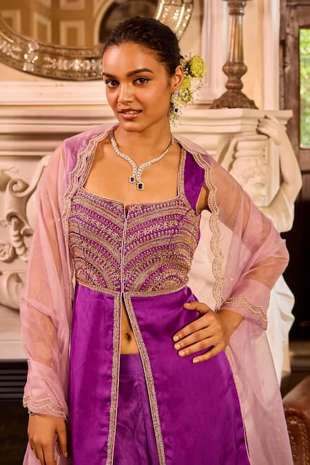 Shop Label Rsd Purple Satin, Georgette, Organza Beads, Embroidery Front Slit Kurta Sharara Set Online at Aza Fashions Shop_Label Rsd_Purple Satin, Georgette, Organza Beads, Embroidery Front Slit Kurta Sharara Set_Online_at_Aza_Fashions