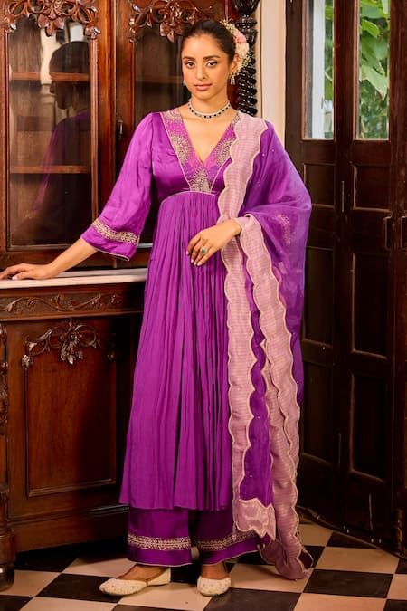 Label RSD Purple Kurta Satin Georgette And Chin On Hand Embroidered Anarkali Palazzo Set 