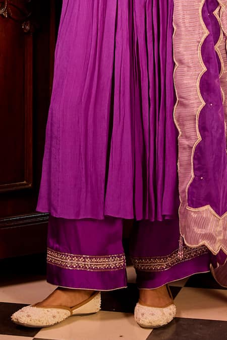 Label Rsd Purple Satin, Georgette, Organza, Cotton Beads, Hand Anarkali Palazzo Set Online at Aza Fashions Label Rsd_Purple Satin, Georgette, Organza, Cotton Beads, Hand Anarkali Palazzo Set_Online_at_Aza_Fashions